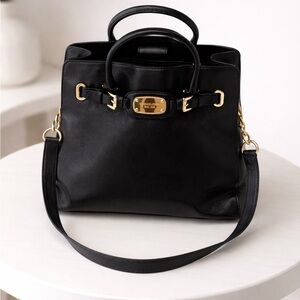 Michael Kors Black Hamilton Medium Leather Satchel Gold Hardware